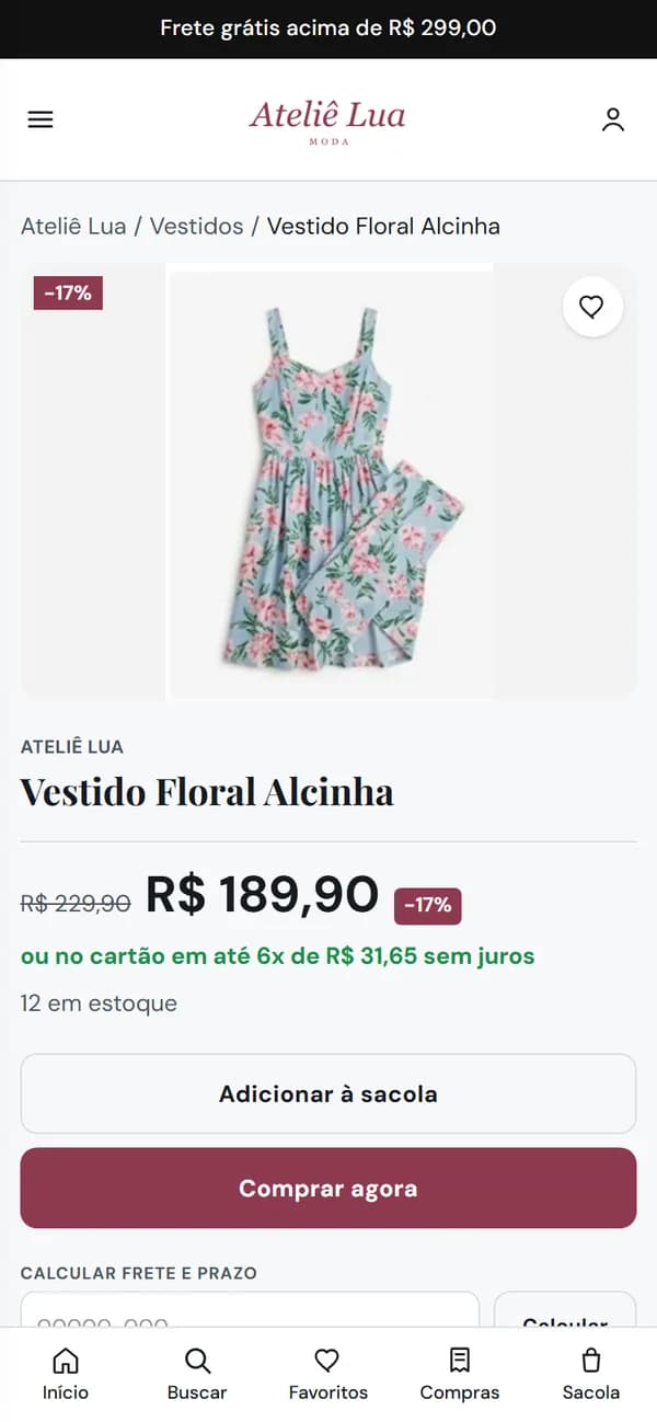 Página de produto de uma loja feita na Vendira, aberta no celular